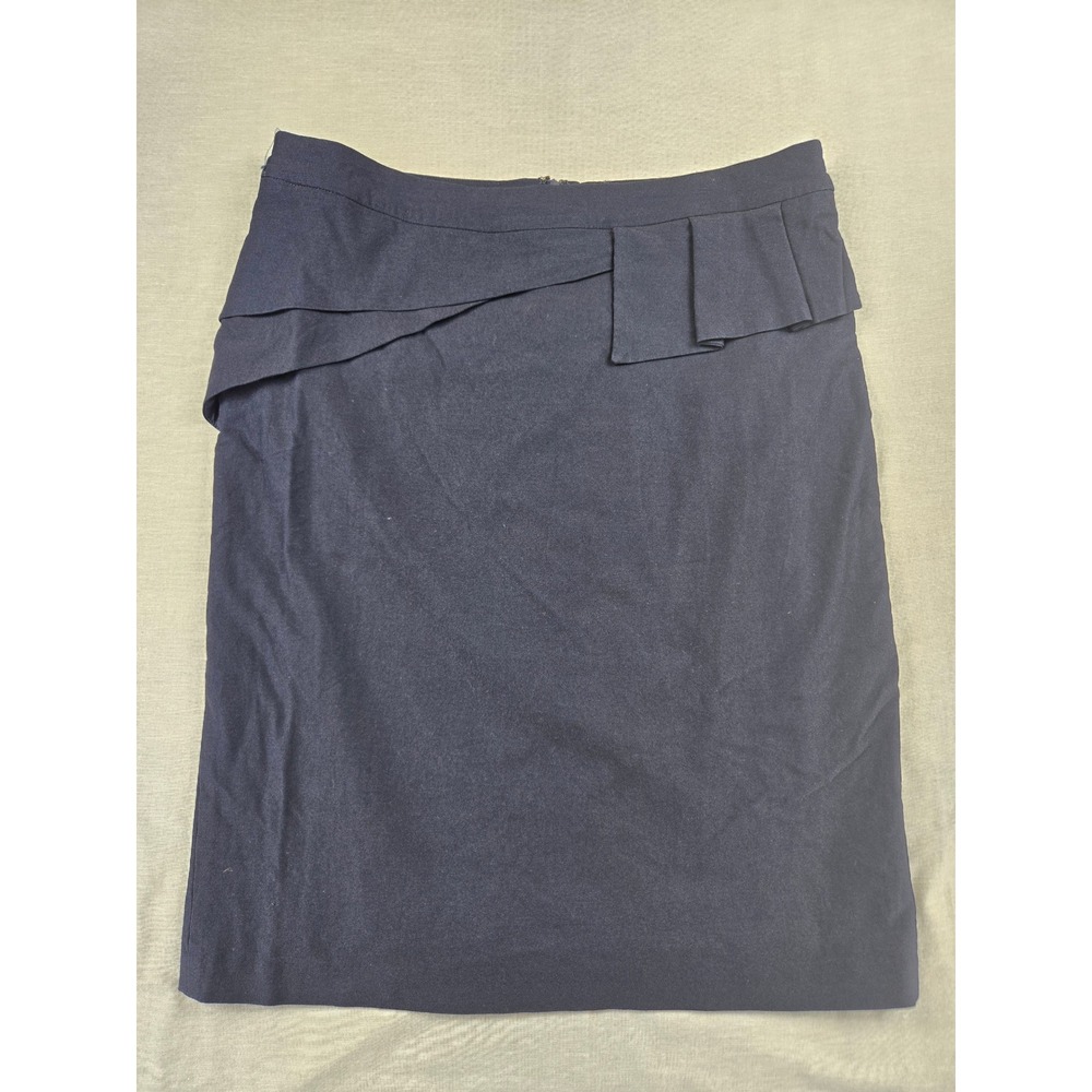 Mikarose Womens Navy Blue Ruffle Peplum Pencil Skirt Size L Knee Length Stretch